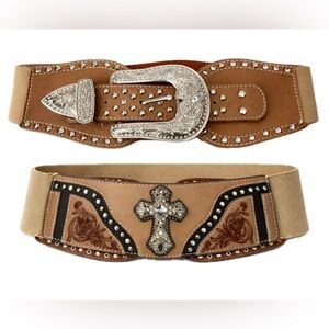 Montana West Western Rhinestone Cinch Belt Brown Cross Large 30-32 Waist Stretch